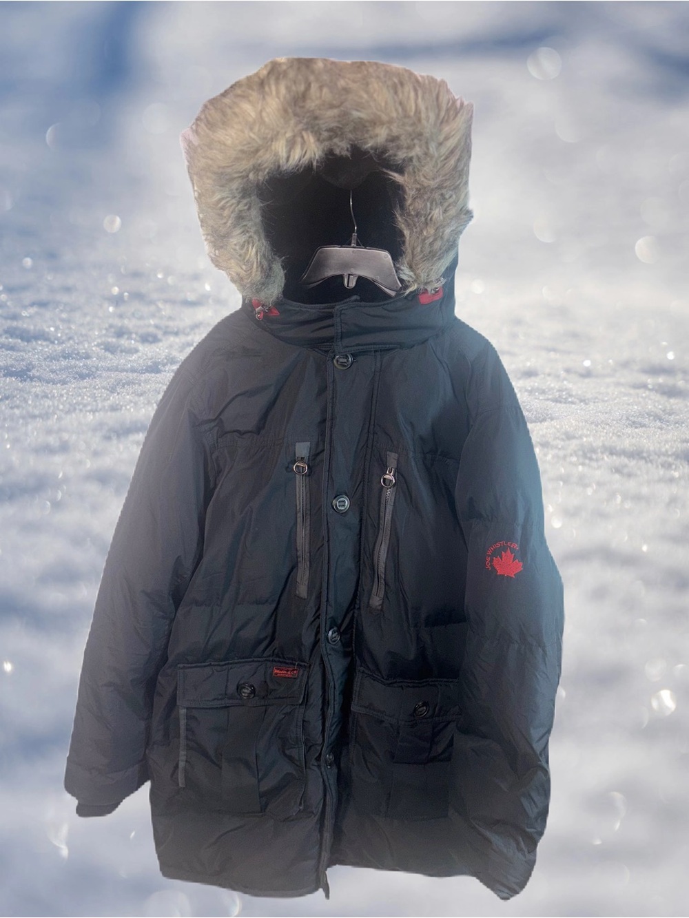 J Whistler Mens  L Black Red Accent Removable Faux Fur Hood Trim Coat Parka Down
